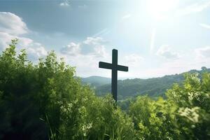 de kruis van god met groen blad, in de stralen van de zon en blauw lucht. kruis Aan de heuvel met groen bomen en groen natuurlijk visie. religieus concept, ai generatief foto