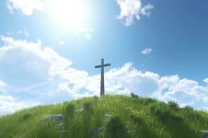 de kruis van god met groen blad, in de stralen van de zon en blauw lucht. kruis Aan de heuvel met groen bomen en groen natuurlijk visie. religieus concept, ai generatief foto