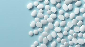 top visie wit geneeskunde tablets antibiotica pillen Aan een zacht blauw achtergrond, kopiëren ruimte, apotheek thema, ai generatief foto