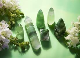 kristal torens mineralen reeks en wit bloemen Aan groen abstract achtergrond. generatief ai foto