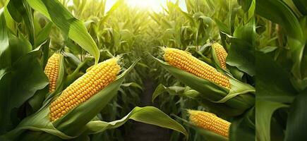 detailopname maïs kolven in maïs plantage veld. generatief ai foto