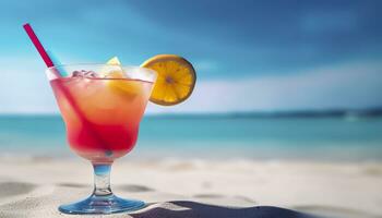 cocktail glas Aan de zanderig strand in de buurt de zee in zomer tijd. generatief ai foto