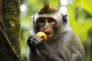 dichtbij omhoog van aap aan het eten fruit in de oerwoud. generatief ai foto