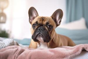 schattig Frans bulldog in een slaapkamer, detailopname. ai generatief foto