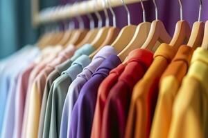 kleurrijk kleren Aan een kleding rek, pastel kleurrijk kast in een boodschappen doen op te slaan of slaapkamer, regenboog kleur kleren keuze Aan hangers, huis garderobe concept afbeelding. ai generatief foto