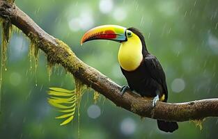 kastanje onderkaak toekan zittend Aan de Afdeling in tropisch regen met een groen oerwoud. generatief ai foto