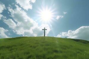 de kruis van god met groen blad, in de stralen van de zon en blauw lucht. kruis Aan de heuvel met groen bomen en groen natuurlijk visie. religieus concept, ai generatief foto