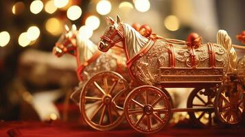 Kerstmis decoraties Aan de straat met paard getrokken rijtuigen. ai gegenereerd. foto
