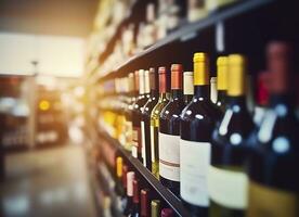 abstract vervagen wijn flessen Aan likeur alcohol schappen in supermarkt op te slaan achtergrond. generatief ai foto