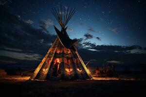 inheems Amerikaans Indisch Tipi Bij nacht. 3d weergave, inheems Amerikaans Indisch Tipi Bij nacht met sterrenhemel lucht, ai gegenereerd foto