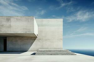 3d renderen van een beton trap leidend naar de zee, modern architectuur met leeg beton muur, ai gegenereerd foto