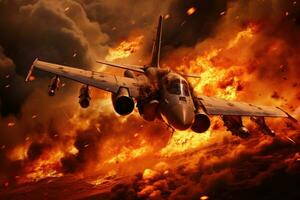 leger vechter Jet in de brand. 3d illustratie. elementen van deze beeld gemeubileerd door nasa, leger Jet Aan vuur, ai gegenereerd foto