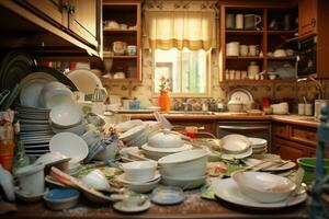 vuil gerechten Aan de tafel in de keuken van een oud huis, knoeien in keuken. keuken interieur met stapel van vuil gerechten na diner, ai gegenereerd foto