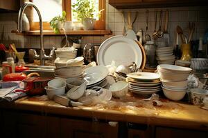 vuil gerechten Aan de tafel in de keuken. selectief focus, knoeien in keuken. keuken interieur met stapel van vuil gerechten na diner, ai gegenereerd foto