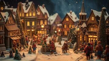 winter model- dorp met sneeuw Aan Kerstmis dag papier voor geschenk dozen bereid voor vakantie. feesten. foto
