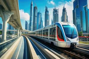 Dubai metro net zo s werelds het langst ten volle geautomatiseerd metro netwerk, dubai, vae, metro spoorweg tussen tussen glas wolkenkrabbers in dubai. verkeer Aan straat in dubai, ai gegenereerd foto