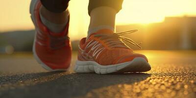 dichtbij omhoog Aan de schoen, loper atleet voeten rennen Aan de weg onder zonlicht in de ochtend. ai generatief foto