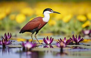 kleurrijk Afrikaanse waadvogel met lang tenen De volgende naar paars water lelie in water. generatief ai foto