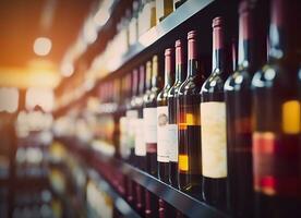 abstract vervagen wijn flessen Aan likeur alcohol schappen in supermarkt op te slaan achtergrond. generatief ai foto