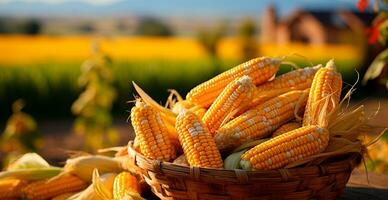 helder maïs maïskolf, geel zaden, agrarisch achtergrond - beeld gegenereerd door ai foto