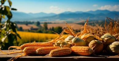 helder maïs maïskolf, geel zaden, agrarisch achtergrond - beeld gegenereerd door ai foto