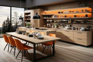 modern keuken versierd hout en oranje thema ai gegenereerd foto