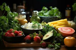 mengen fruit klaar naar dienen in de keuken tafel ai gegenereerd foto