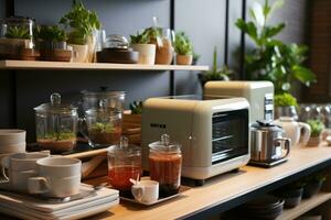 keuken huishoudelijke apparaten zijn geregeld Aan de tafel ai gegenereerd foto