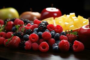 mengen fruit klaar naar dienen in de keuken tafel ai gegenereerd foto