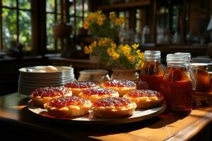 foto's van taartjes in binnen- keuken tafel foto studio ai gegenereerd