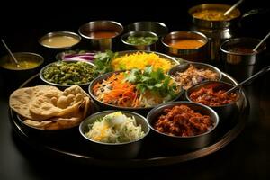 foto's van vegetarisch Indisch thali in binnen- keuken tafel foto studio ai gegenereerd