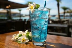 zomer drinken een drinken met oceaan blauw ijs s en ijs ai gegenereerd foto