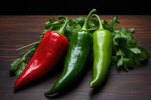 foto's van rood peper groen chili in binnen- foto studio ai gegenereerd