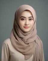 mooi Aziatisch meisje vervelend lang hijab staand in duidelijk achtergrond ai generatief foto