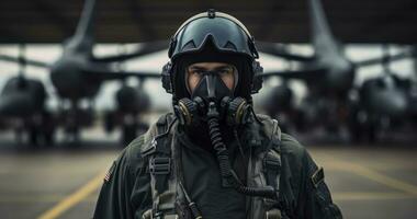 de kleding van een vechter piloot voorbereidingen treffen voor vlucht. generatief ai foto