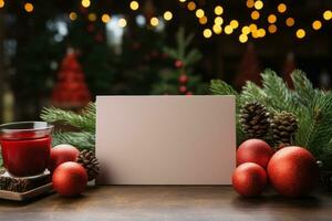 kerstmis dag blanco groet kaart mockup met rood wijn en Kerstmis decoratie. generatief ai foto