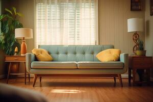 een retro geïnspireerd leven kamer vitrines een klassiek minimalistische ontwerp ai generatief foto