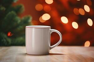 wit keramisch mockup Aan knus Kerstmis achtergrond, koffie mok en fles . generatief ai foto