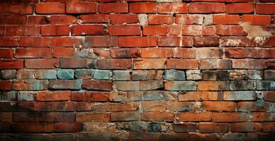 panoramisch textuur, oud geruïneerd rood steen muur - ai gegenereerd beeld foto