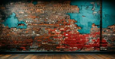 panoramisch textuur, oud geruïneerd rood steen muur - ai gegenereerd beeld foto