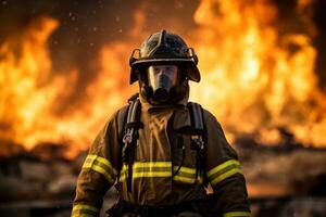 brandweerman gebruik makend van water en brandblusser naar vechten met brand vlam in een noodgeval, generatief ai foto