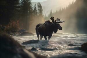 stier eland gedurende de sleur in Wyoming in herfst. neurale netwerk ai gegenereerd foto