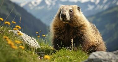 een wild marmot's leven in de bergen. generatief ai foto
