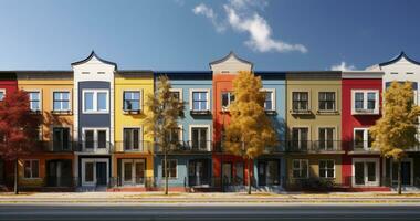 herfst tinten. levendig flatgebouwen met balkons en kleurrijk stucwerk. generatief ai foto