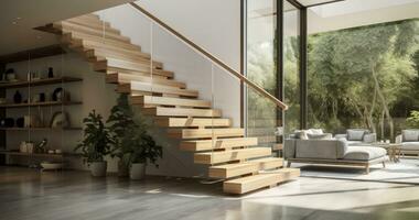 de elegantie van een houten trappenhuis in hedendaags leven ruimtes. generatief ai foto