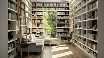de van de lezer terugtrekken - lezing plaats met houten vloer, boekenplanken, wit muur. generatief ai foto