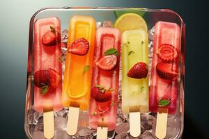 fruit water ijslollys met vers fruit plakjes ai gegenereerd foto