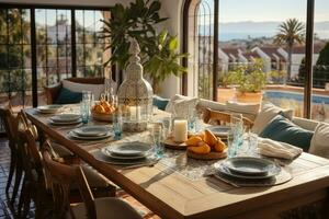 bloot Marokkaans tegels in de dining kamer ai gegenereerd foto