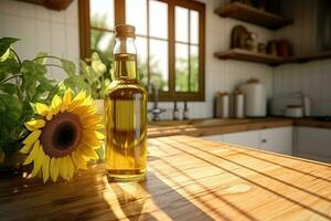 ai gegenereerd ai generatie. fles van zonnebloem olie en geel bloemen Aan houten tafel in keuken. foto