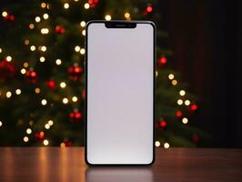 ai gegenereerd ai generatie. mockup smartphone met blanco scherm Aan houten tafel en Kerstmis boom foto